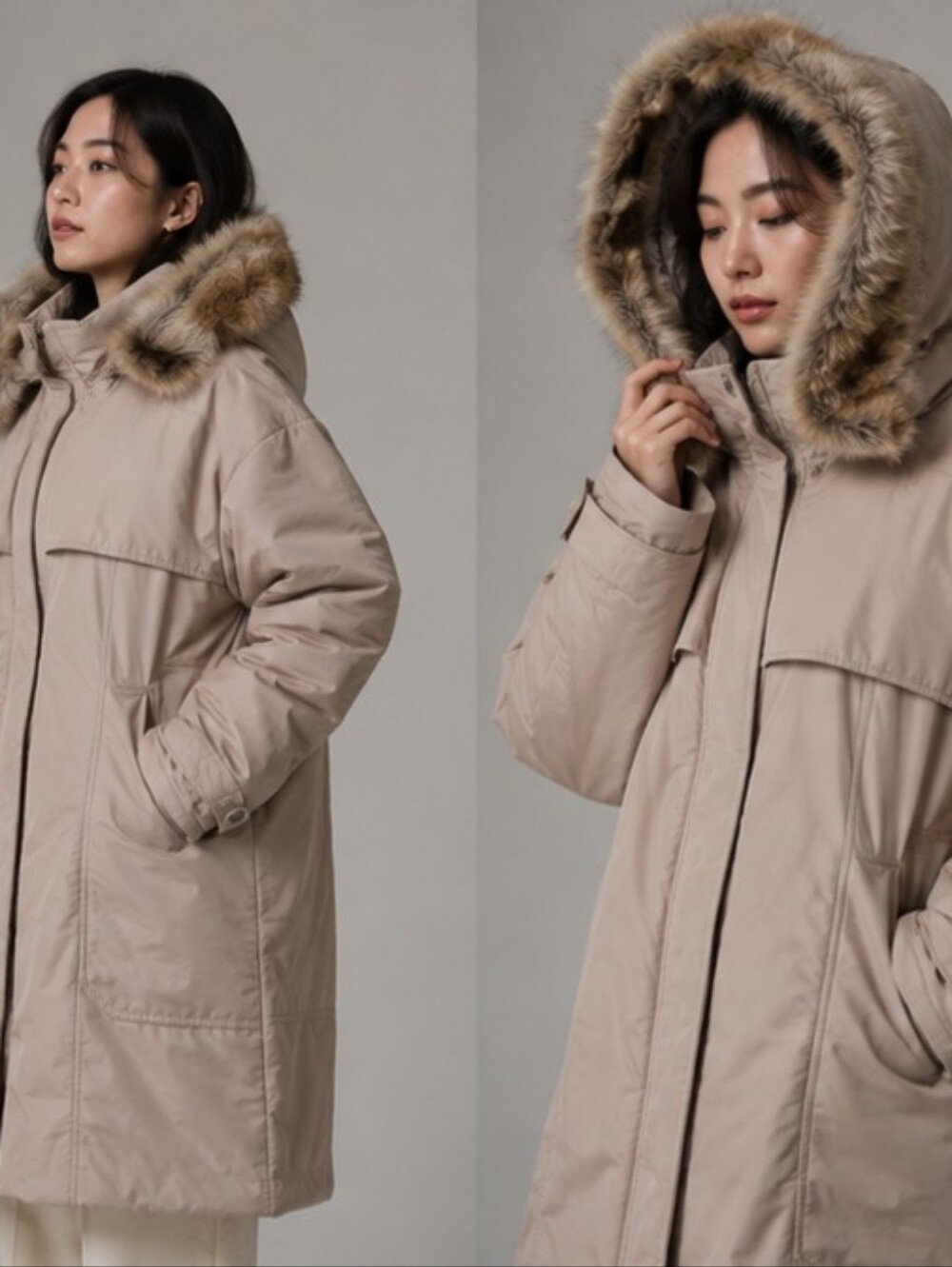 Korean Apparel Beige Parka Coat with Fur-Trim